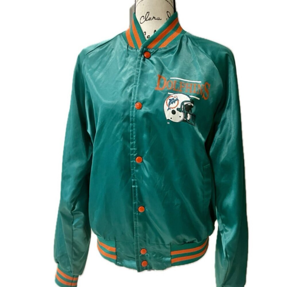 VTG 80’ NFL MIAMI DOLPHINS JACKET RETRO BOMBER SATIN STREETWEAR FANATIC CORE